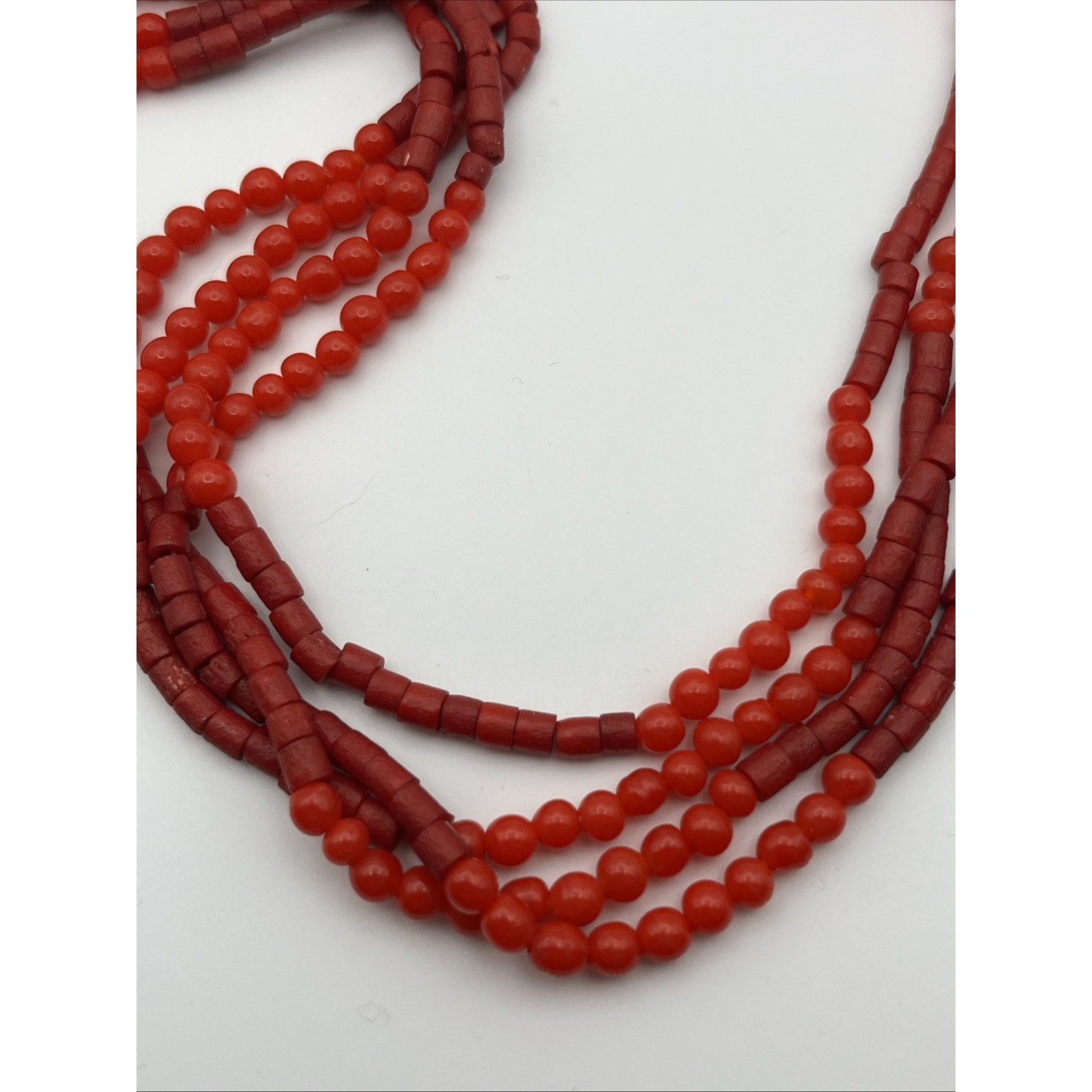 Vintage Multi Strand Red Beaded Two Tone Necklace 29" Statement